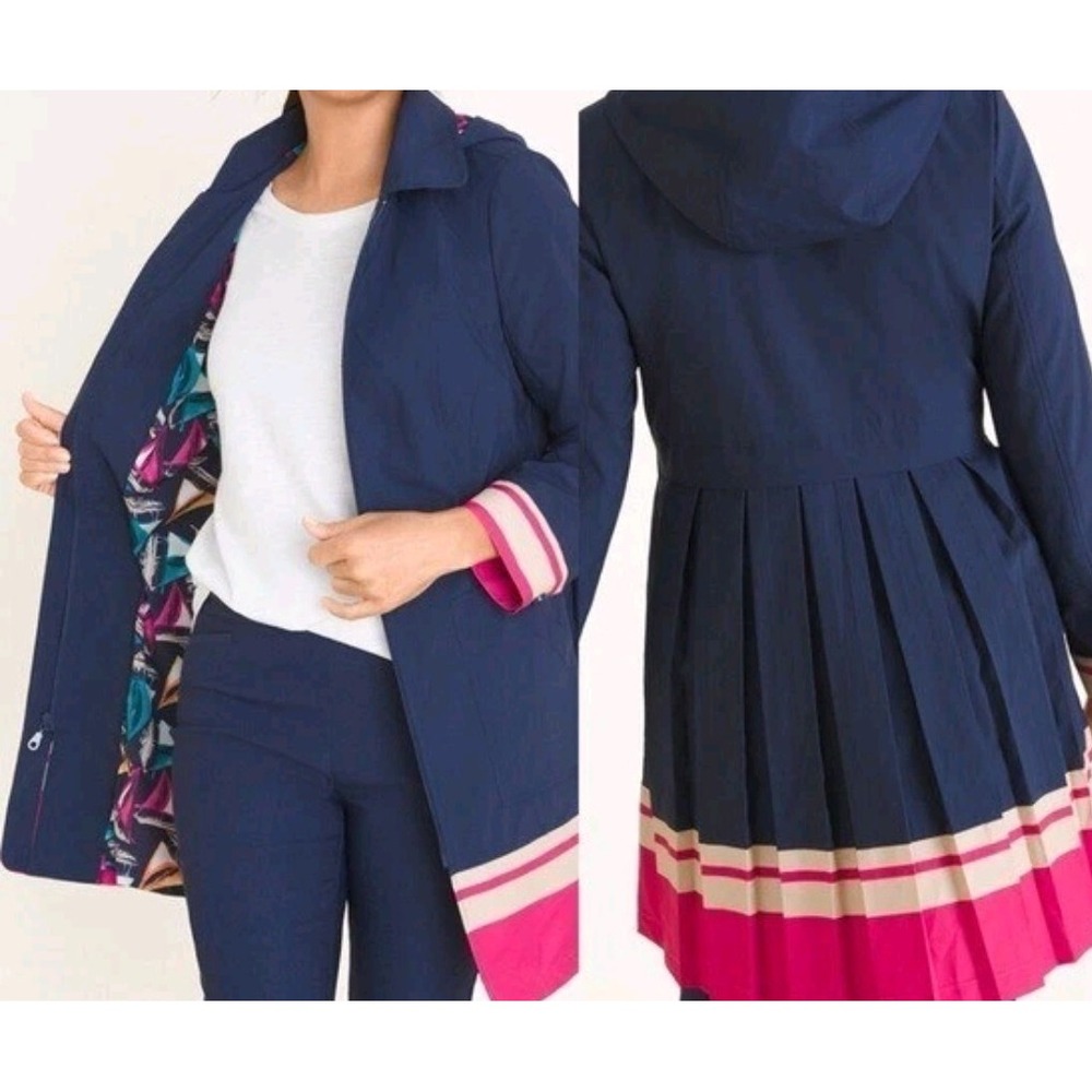 Chicos‎ Navy Blue Hooded Raincoat Pleated Back Belted Size 3 XL Trim